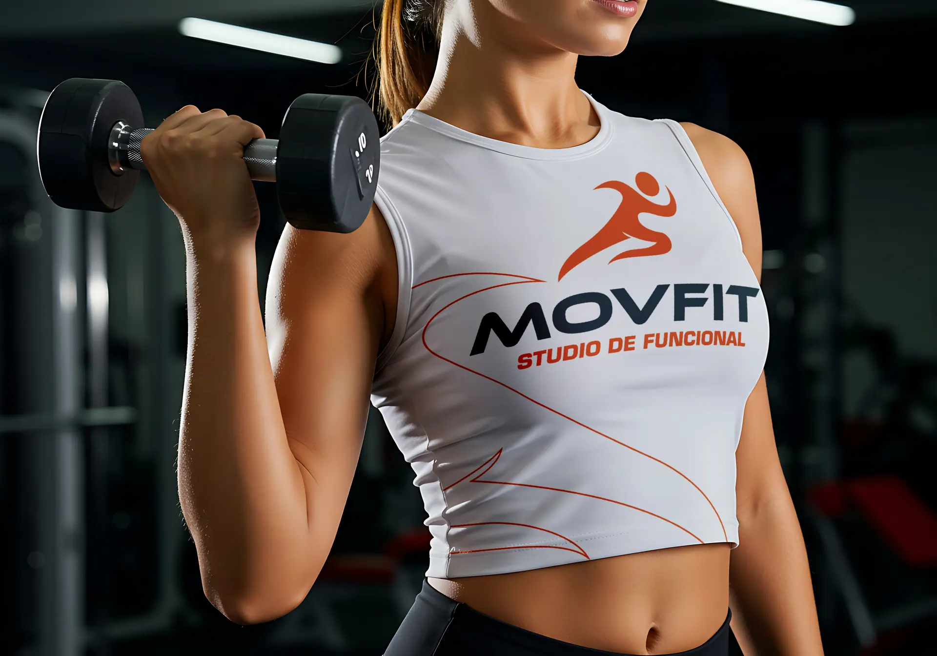 Aluna da MovFit treinando com halteres, vestindo cropped branco com o logo MovFit