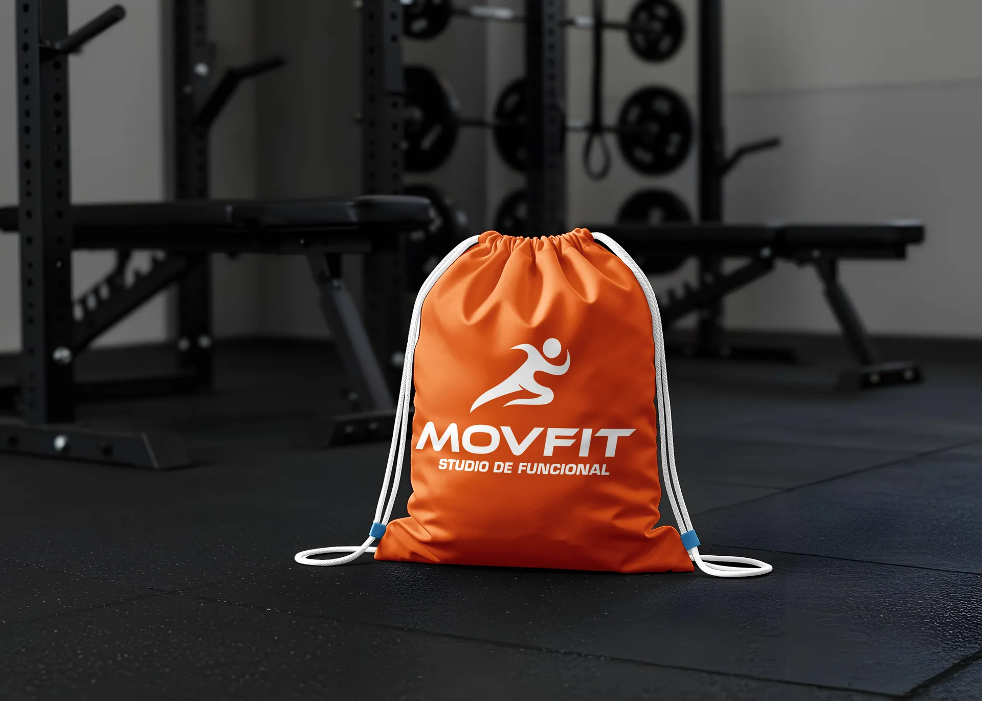 Mochila saco laranja MovFit em cena de academia